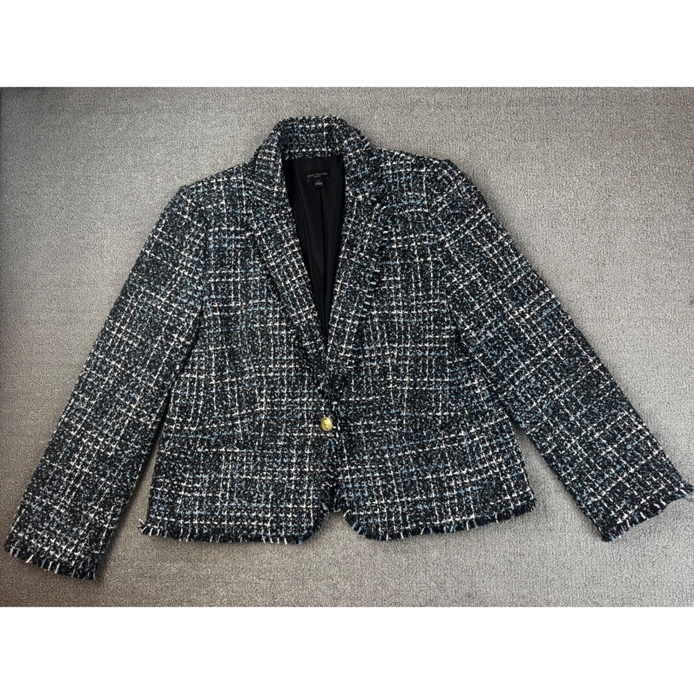 Ann Taylor Factory Womens 14 Blue Tweed Fringe Blazer Gold Button Jacket‎ Career